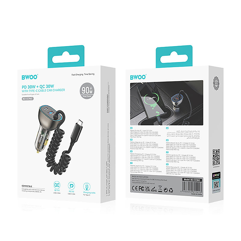 BWOO CC96C 30W PD car charger 1x USB-C 1x USB port with USB-C cable gray - Billede 4