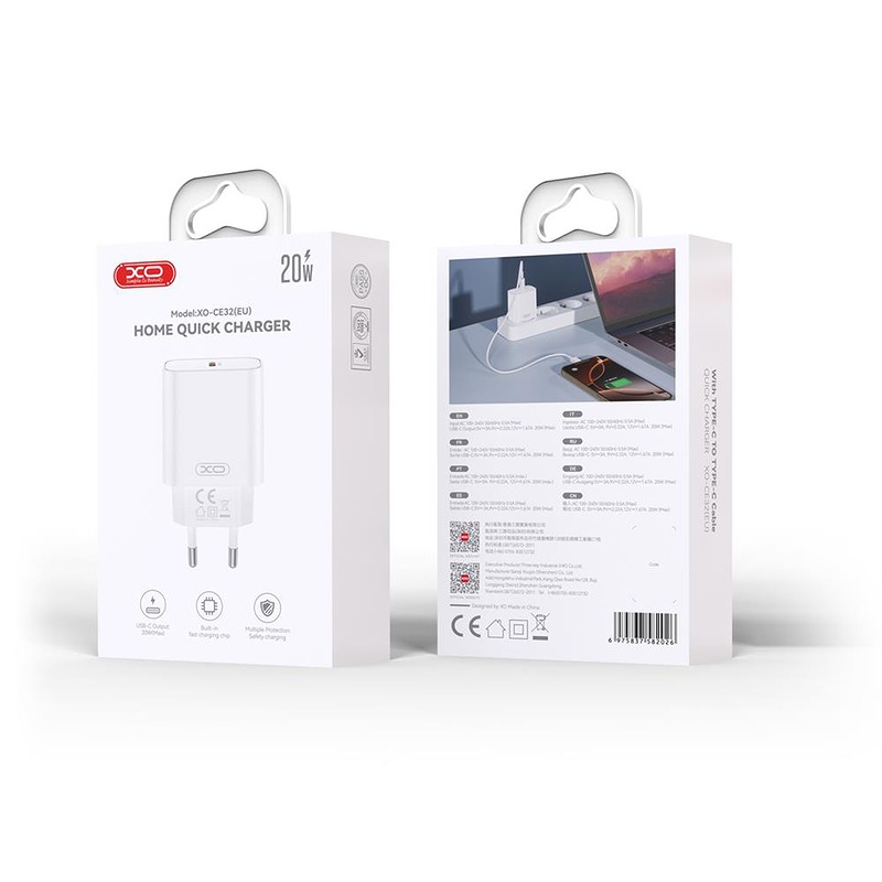 XO wall charger CE32 PD 20W 1x USB-C white + USB-C - USB-C cable - Billede 2
