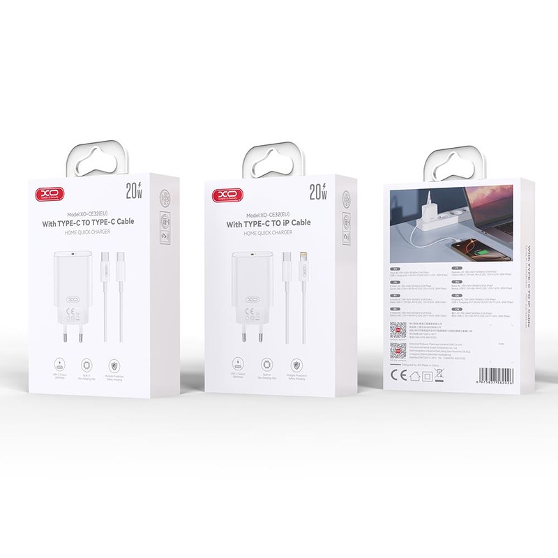 XO wall charger CE32 PD 20W 1x USB-C white + USB-C - USB-C cable - Billede 3