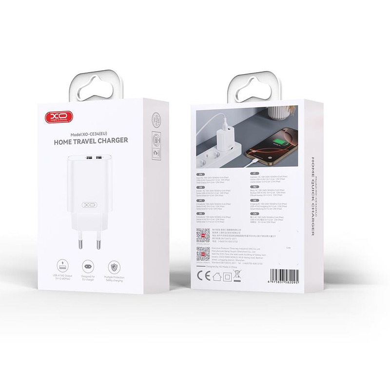 XO wall charger CE34 2x USB 2,4A white + Lightning cable - Billede 2