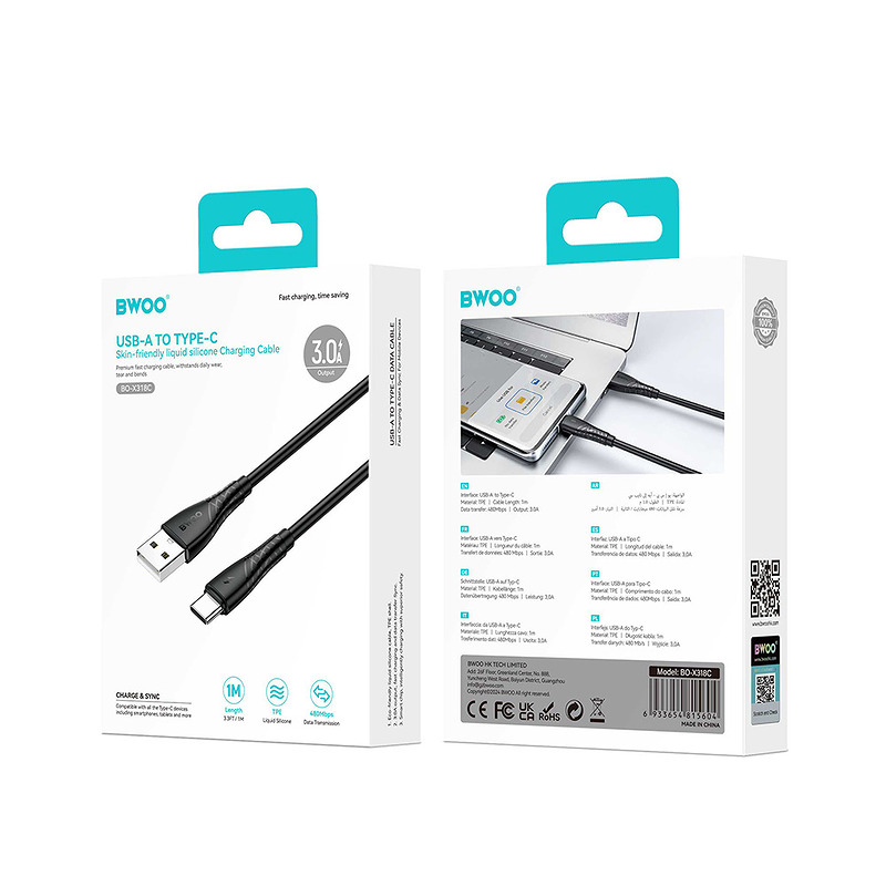 BWOO Cable USB - USB-C 1m 27W 3A Black BO-X318C - Billede 4