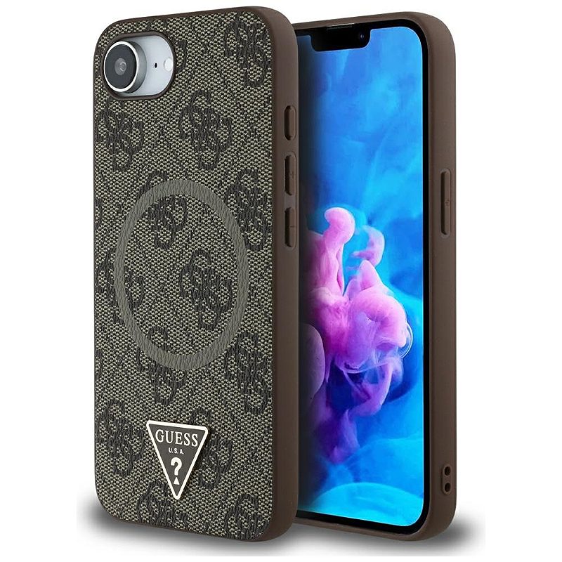 Guess HC MagSafe PU 4G Ring Triangle Logo case for iPhone 16e Brown