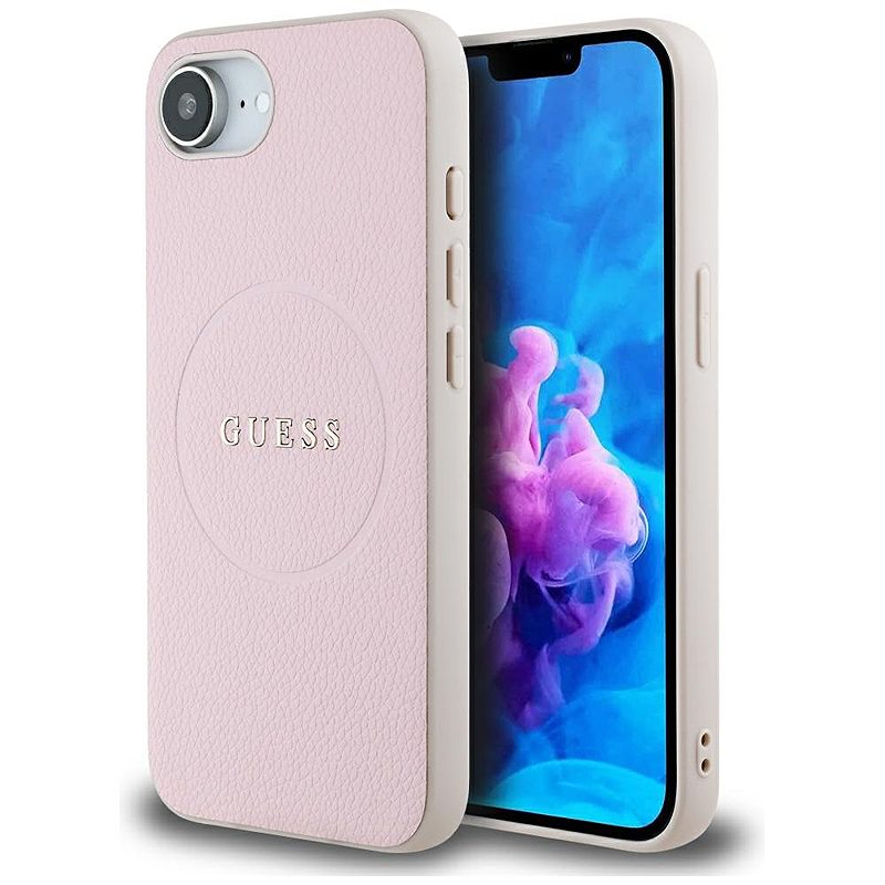 Guess HC MagSafe PU Grained Gold Ring case for iPhone 16e Pink