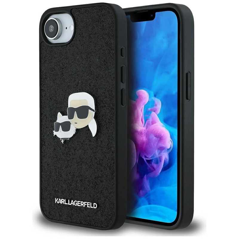 Karl Lagerfeld HC Fixed Glitter K&C Heads Logo Metal Pin case for iPhone 16e Black