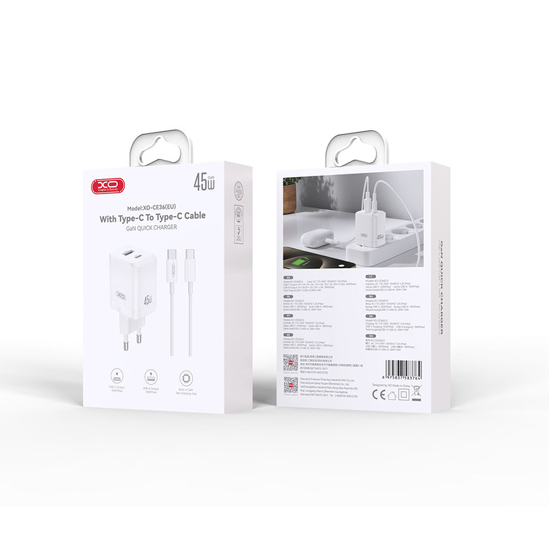 XO wall charger CE36 PD 45W 1x USB-C 1x USB white + cable USB-C - USB-C - Billede 2
