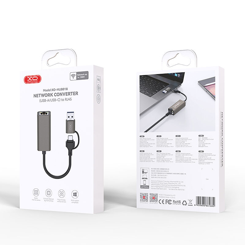 XO adapter HUB HUB018 2w1 USB-USB-C - RJ45 gray - Billede 2