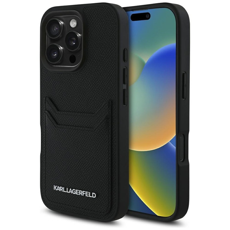 Karl Lagerfeld HC Grained PU CardSlot Metal Elong Case for iPhone 16 Pro Max Black
