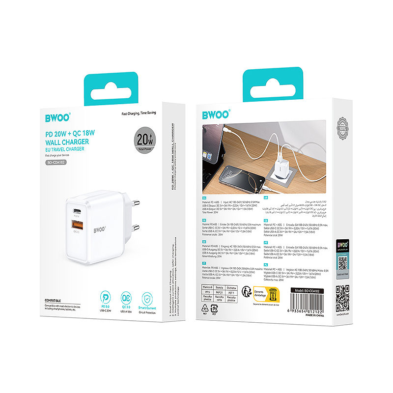 BWOO wall charger CDA182 QC 38W 1x USB-A + 1x USB-C white - Billede 5
