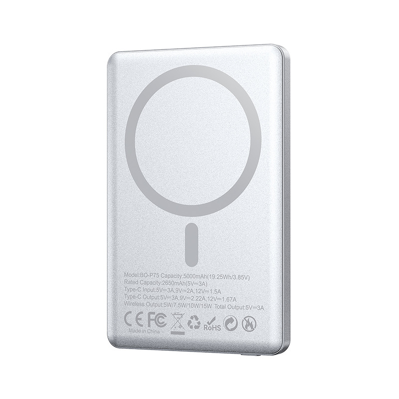 BWOO aluminium magnetic power bank P75 PD 20W 5000 mAh with digital display and USB-C port silver - Billede 2
