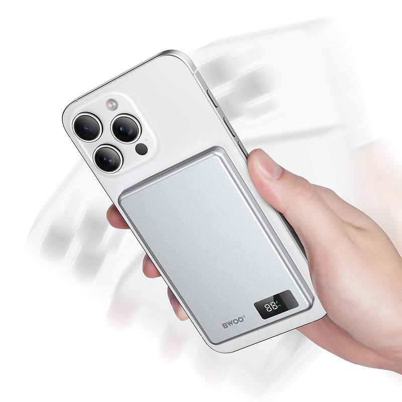 BWOO aluminium magnetic power bank P75 PD 20W 5000 mAh with digital display and USB-C port silver - Billede 4