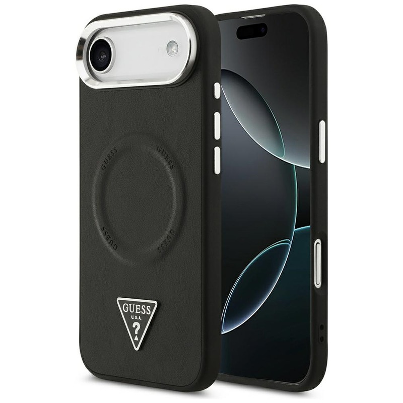Guess Case Magsafe PU Leather Case With Triangle Logo Silver Metal Camera Frame For iPhone 17 Air Black