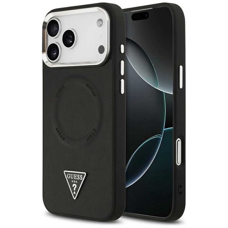 Guess Case Magsafe PU Leather Case With Triangle Logo Silver Metal Camera Frame For iPhone 17 Pro Max Black