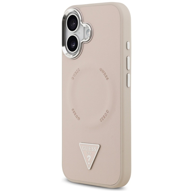 Guess Case Magsafe PU Leather Case With Triangle Logo Silver Metal Camera Frame For iPhone 17 Pink - Billede 2