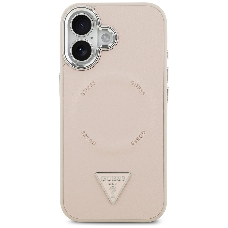 Guess Case Magsafe PU Leather Case With Triangle Logo Silver Metal Camera Frame For iPhone 17 Pink - Billede 3