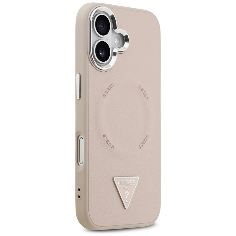 Guess Case Magsafe PU Leather Case With Triangle Logo Silver Metal Camera Frame For iPhone 17 Pink - Billede 4
