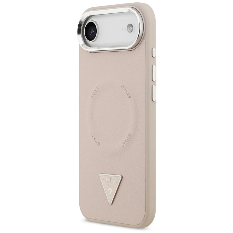 Guess Case Magsafe PU Leather Case With Triangle Logo Silver Metal Camera Frame For iPhone 17 Air Pink - Billede 2