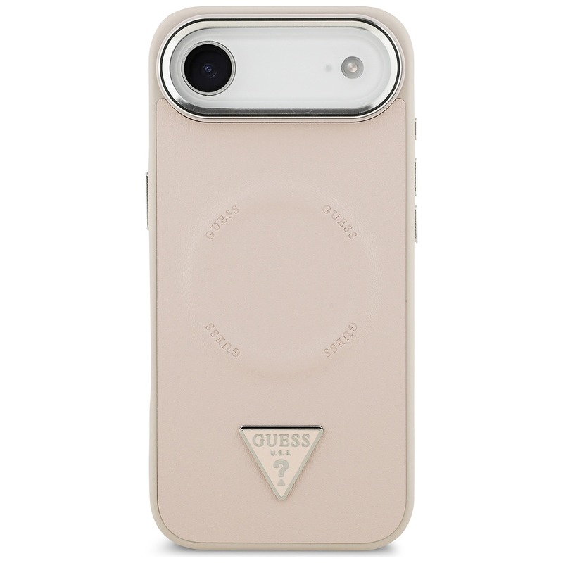Guess Case Magsafe PU Leather Case With Triangle Logo Silver Metal Camera Frame For iPhone 17 Air Pink - Billede 3