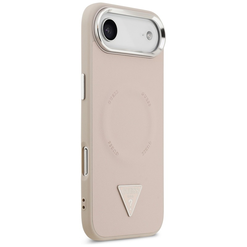 Guess Case Magsafe PU Leather Case With Triangle Logo Silver Metal Camera Frame For iPhone 17 Air Pink - Billede 4