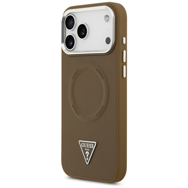 Guess Case Magsafe PU Leather Case With Triangle Logo Silver Metal Camera Frame For iPhone 17 Pro Brown - Billede 2