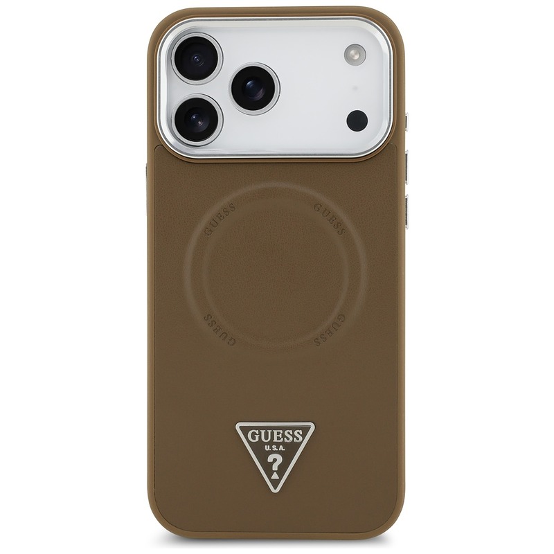 Guess Case Magsafe PU Leather Case With Triangle Logo Silver Metal Camera Frame For iPhone 17 Pro Brown - Billede 3