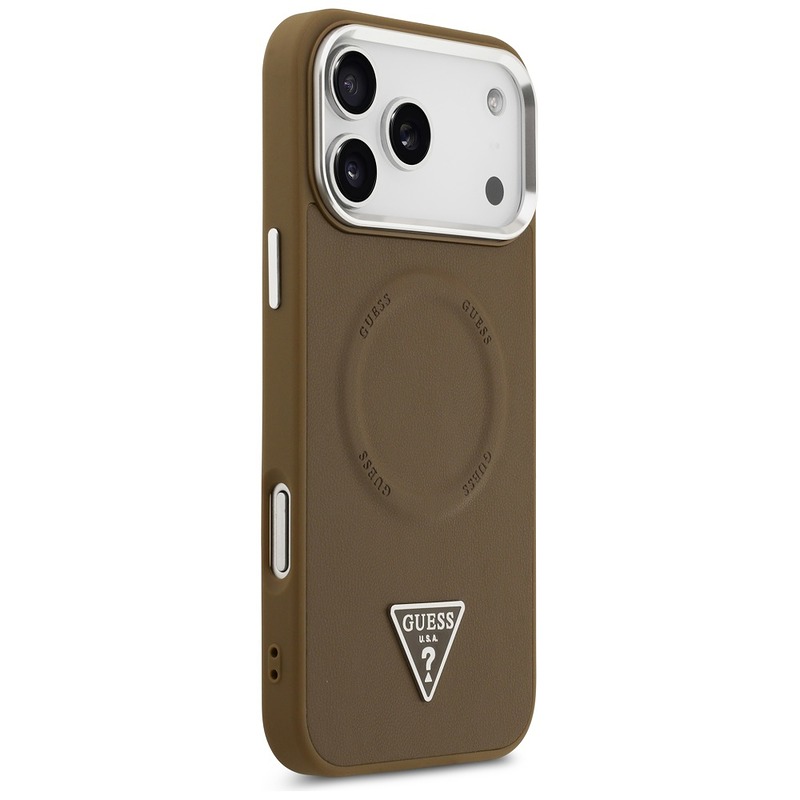Guess Case Magsafe PU Leather Case With Triangle Logo Silver Metal Camera Frame For iPhone 17 Pro Max Brown - Billede 4