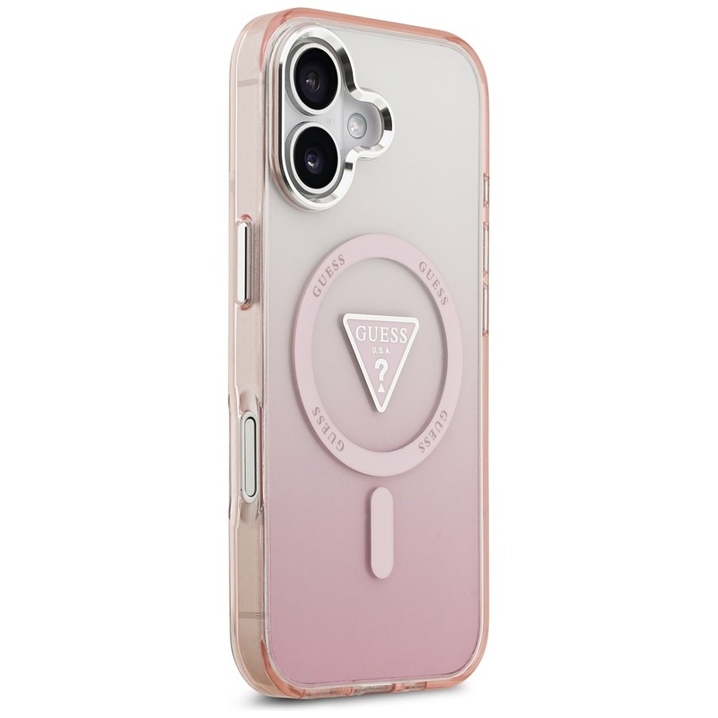 Guess Case Magsafe IML Gradient Case With Print Triangle Logo & Silver Metal Camera Buttons For iPhone 17 Pink - Billede 4