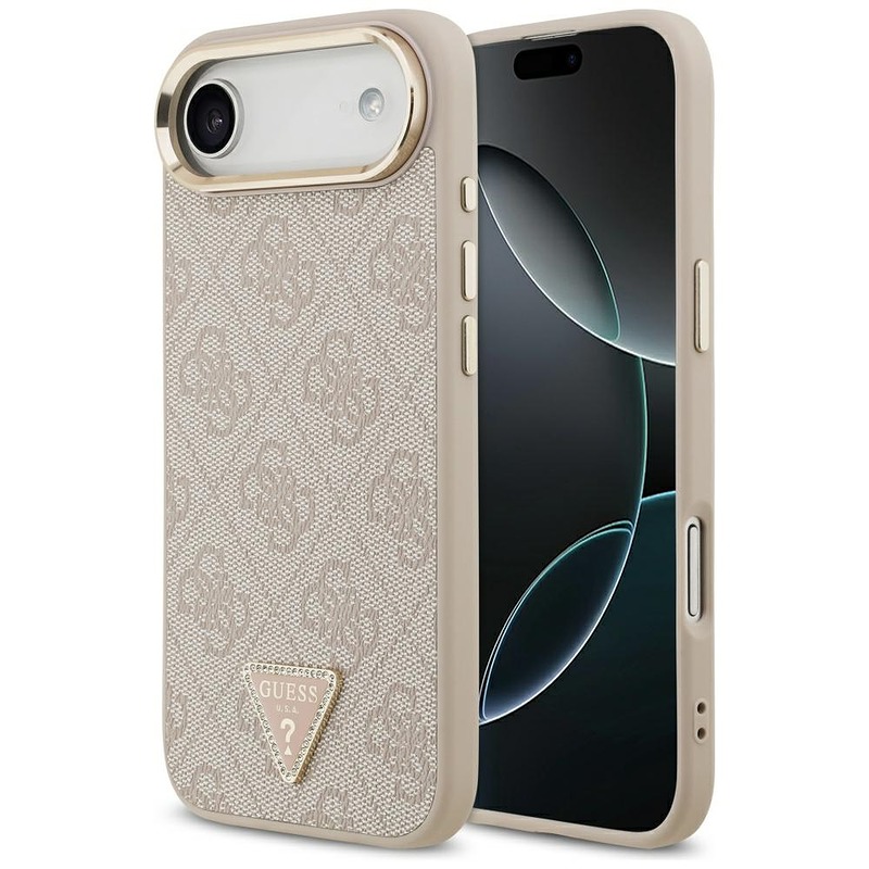 Guess Case Magsafe 4G PU Leather Case With Triangle Logo And Gold Metal Camera Frame For iPhone 17 Air Pink