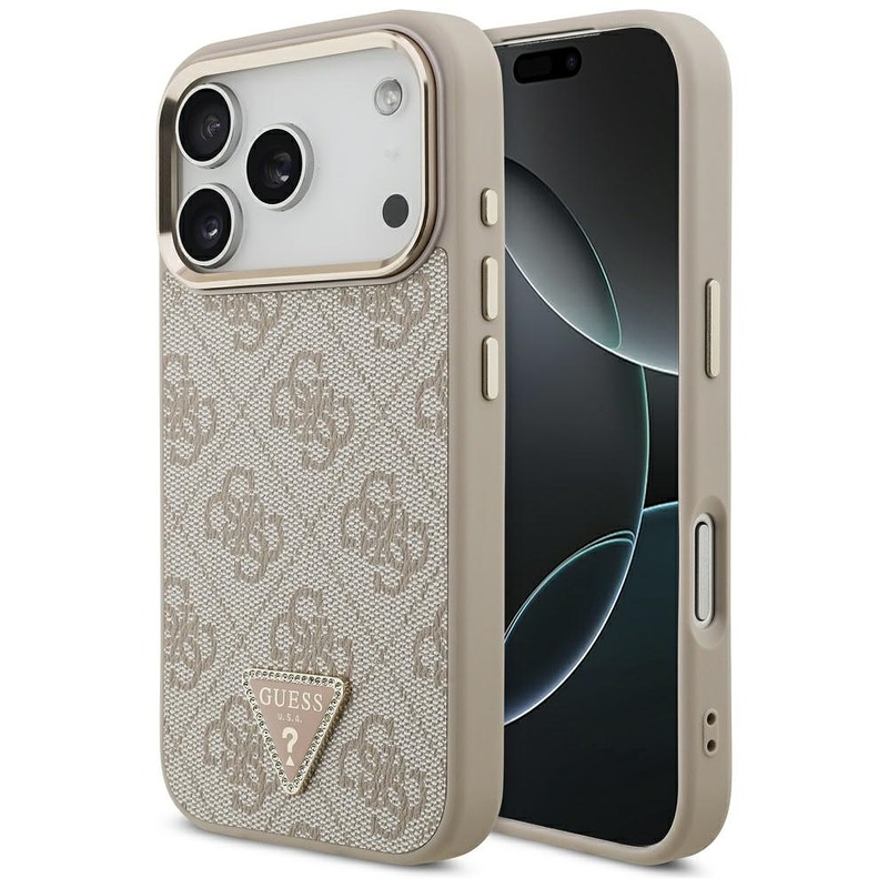 Guess Case Magsafe 4G PU Leather Case With Triangle Logo And Gold Metal Camera Frame For iPhone 17 Pro Pink