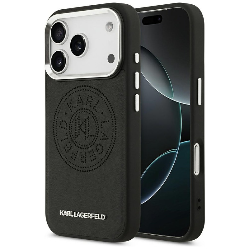 Karl Lagerfeld case Magsafe PU case with Karl round point logo metal camera buttons and logo for iPhone 17 Pro Max black