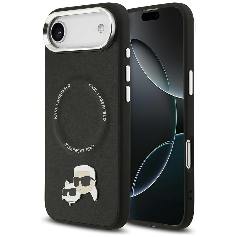 Karl Lagerfeld case Magsafe PU case with Karl&Choupette heads pins logo and metal camera buttons for iPhone 17 Air black