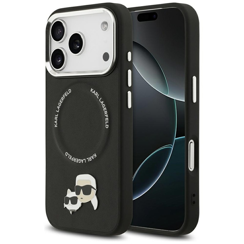 Karl Lagerfeld case Magsafe PU case with Karl&Choupette heads pins logo and metal camera buttons for iPhone 17 Pro Max black