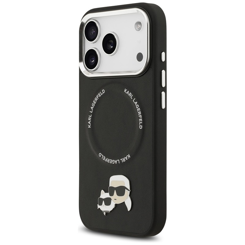 Karl Lagerfeld case Magsafe PU case with Karl&Choupette heads pins logo and metal camera buttons for iPhone 17 Pro Max black - Billede 2