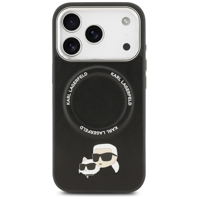 Karl Lagerfeld case Magsafe PU case with Karl&Choupette heads pins logo and metal camera buttons for iPhone 17 Pro Max black - Billede 3