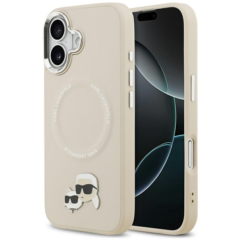 Karl Lagerfeld case Magsafe PU case with Karl&Choupette heads pins logo and metal camera buttons for iPhone 17 beige