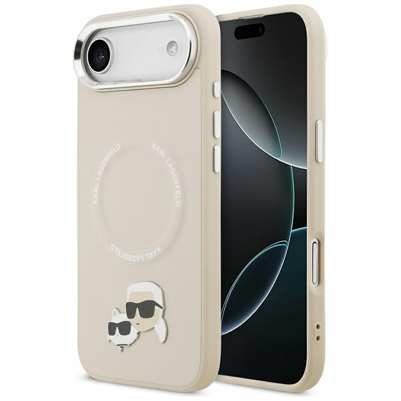 Karl Lagerfeld case Magsafe PU case with Karl&Choupette heads pins logo and metal camera buttons for iPhone 17 Air beige