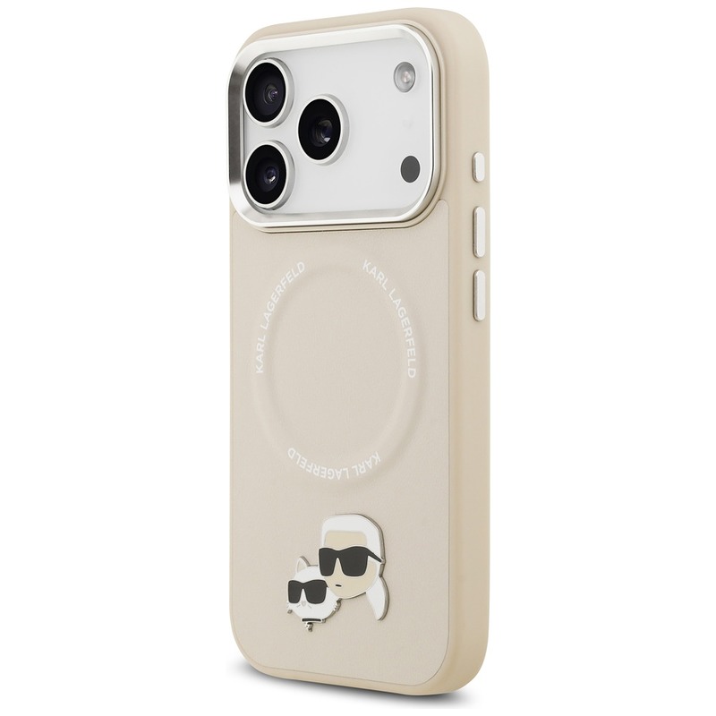 Karl Lagerfeld case Magsafe PU case with Karl&Choupette heads pins logo and metal camera buttons for iPhone 17 Pro beige - Billede 2