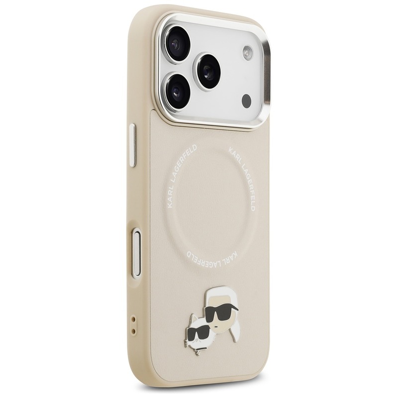 Karl Lagerfeld case Magsafe PU case with Karl&Choupette heads pins logo and metal camera buttons for iPhone 17 Pro beige - Billede 4