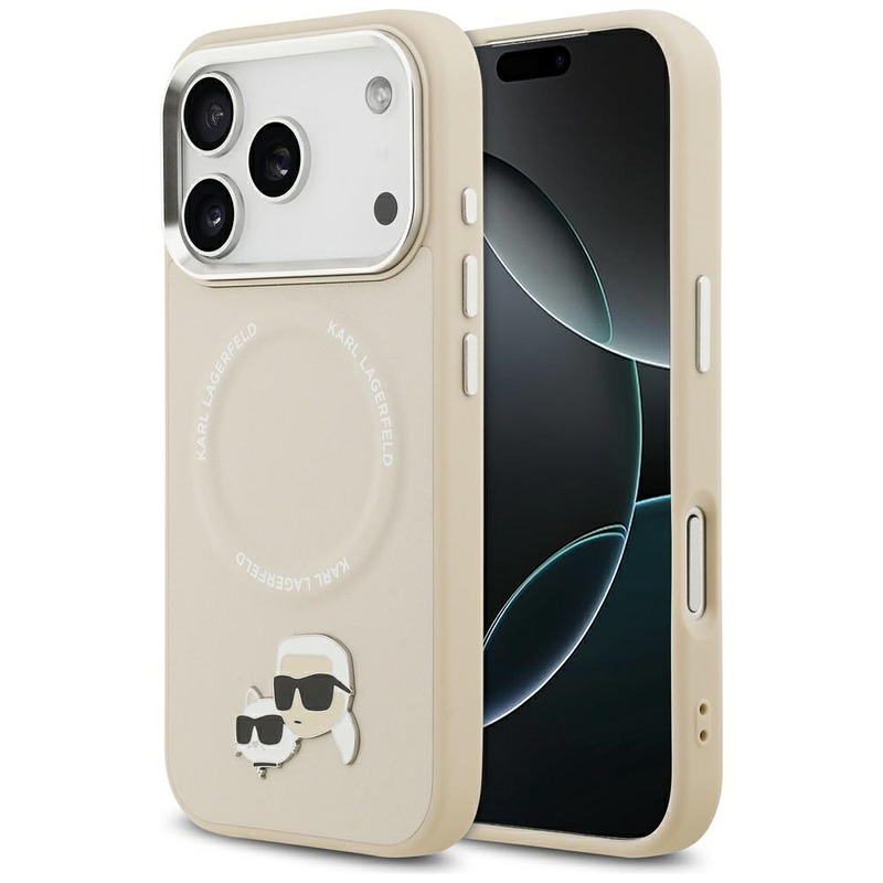 Karl Lagerfeld case Magsafe PU case with Karl&Choupette heads pins logo and metal camera buttons for iPhone 17 Pro Max beige
