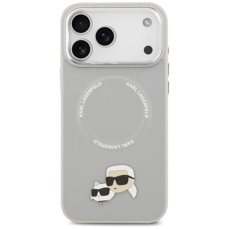 Karl Lagerfeld case Magsafe PU case with Karl&Choupette heads pins logo and metal camera buttons for iPhone 17 Pro gray - Billede 3