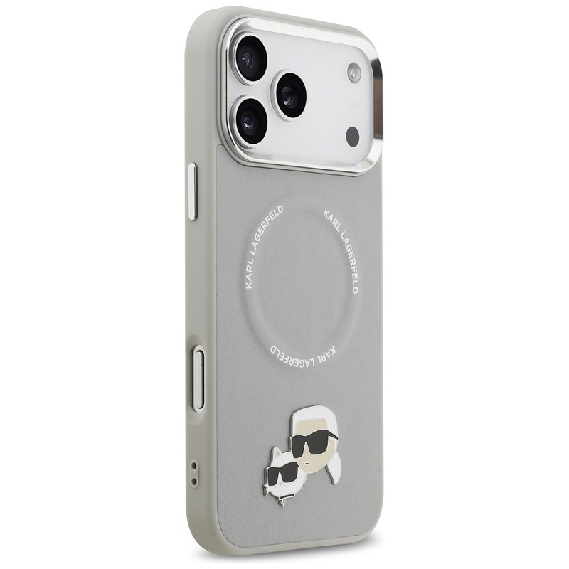 Karl Lagerfeld case Magsafe PU case with Karl&Choupette heads pins logo and metal camera buttons for iPhone 17 Pro gray - Billede 4