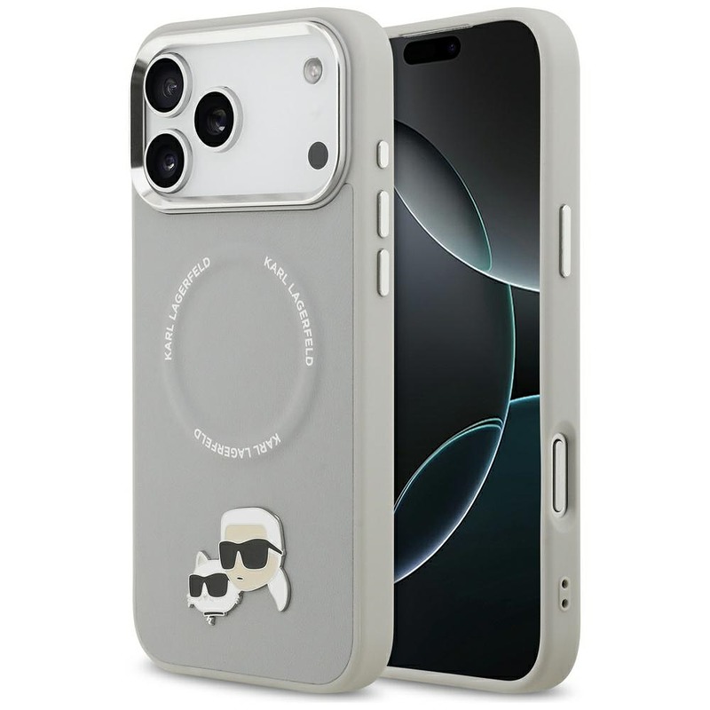 Karl Lagerfeld case Magsafe PU case with Karl&Choupette heads pins logo and metal camera buttons for iPhone 17 Pro Max gray