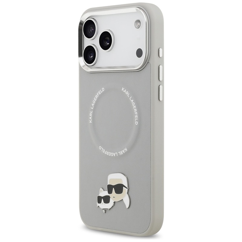 Karl Lagerfeld case Magsafe PU case with Karl&Choupette heads pins logo and metal camera buttons for iPhone 17 Pro Max gray - Billede 2