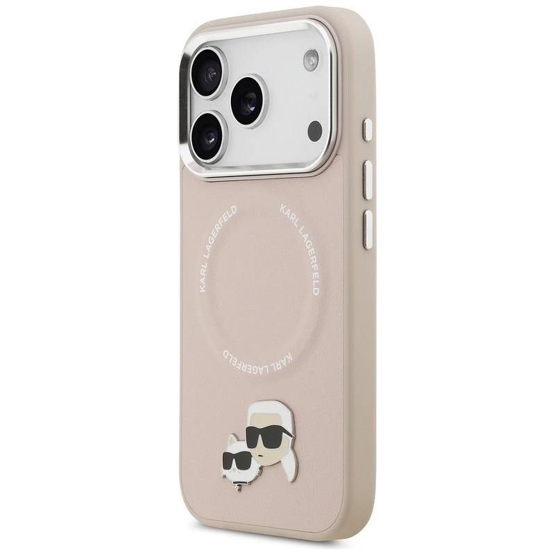 Karl Lagerfeld case Magsafe PU case with Karl&Choupette heads pins logo and metal camera buttons for iPhone 17 Pro Max beige - Billede 2