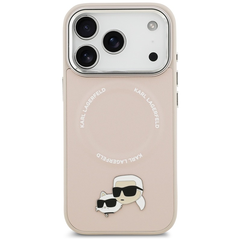Karl Lagerfeld case Magsafe PU case with Karl&Choupette heads pins logo and metal camera buttons for iPhone 17 Pro Max beige - Billede 3