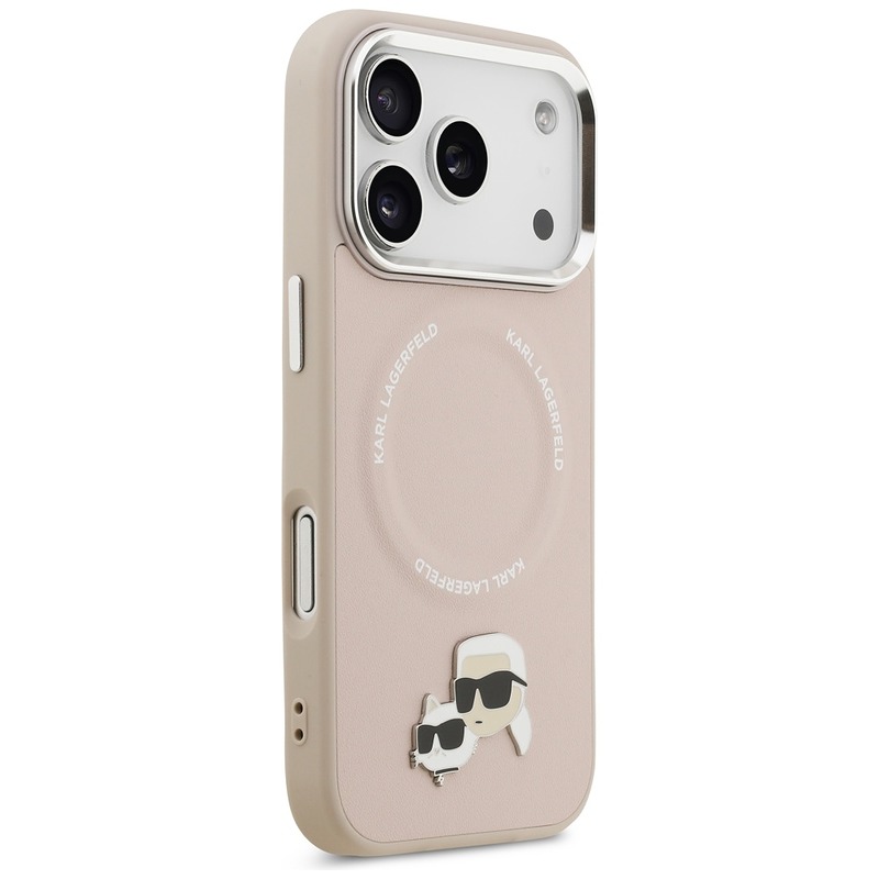 Karl Lagerfeld case Magsafe PU case with Karl&Choupette heads pins logo and metal camera buttons for iPhone 17 Pro Max beige - Billede 4