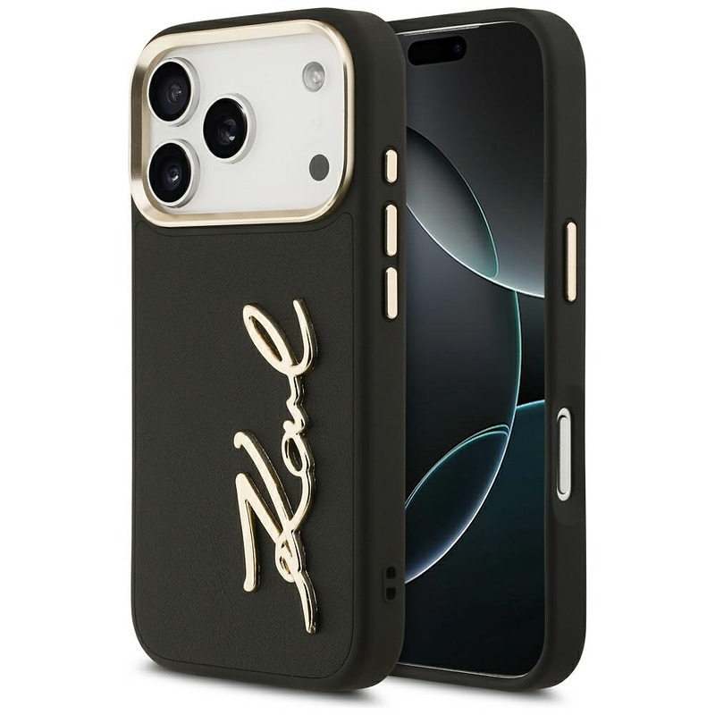 Karl Lagerfeld case PU leather case with Karl script logo and metal camera buttons for iPhone 17 Pro black