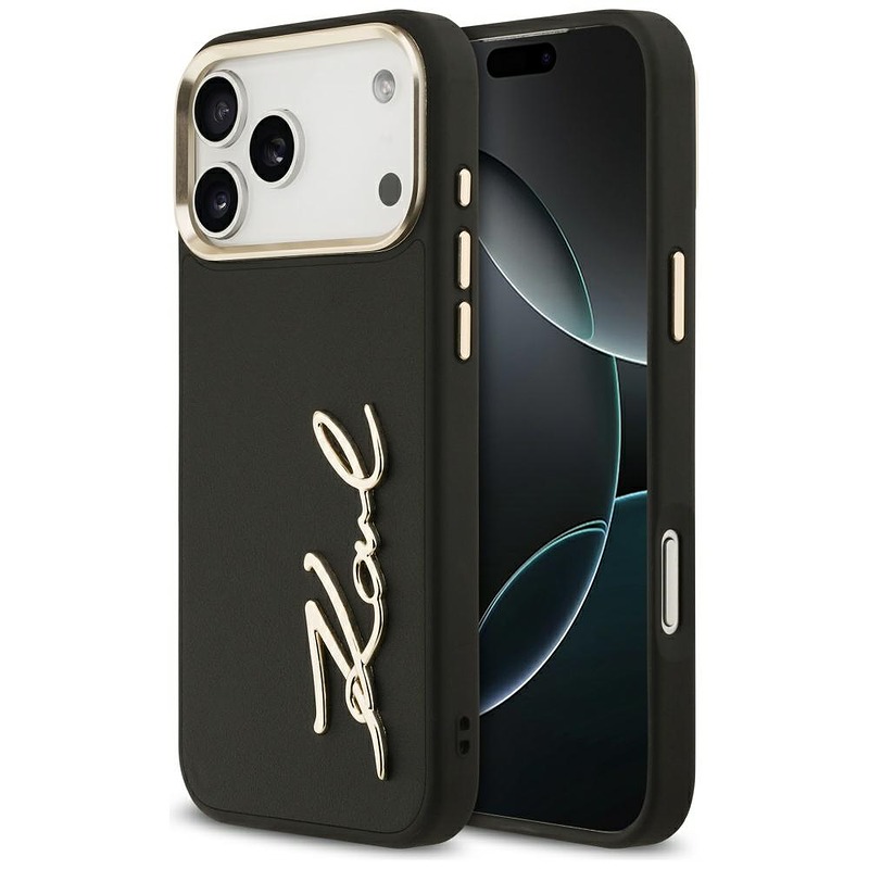 Karl Lagerfeld case PU leather case with Karl script logo and metal camera buttons for iPhone 17 Pro Max black