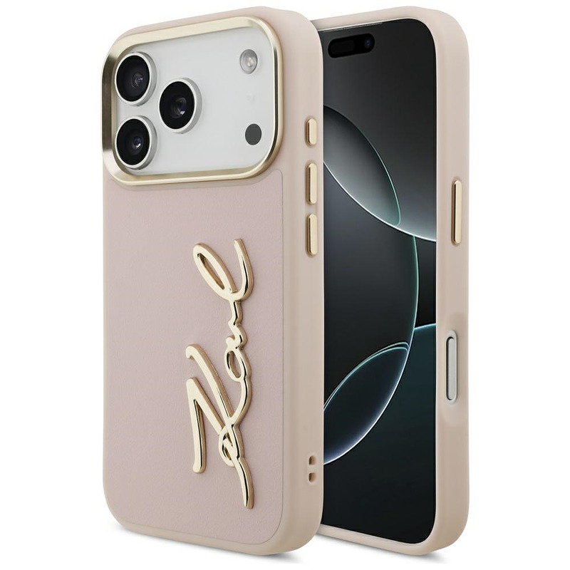 Karl Lagerfeld case PU leather case with Karl script logo and metal camera buttons for iPhone 17 Pro pink