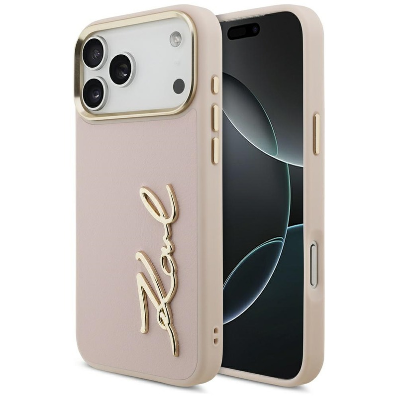 Karl Lagerfeld case PU leather case with Karl script logo and metal camera buttons for iPhone 17 Pro Max pink