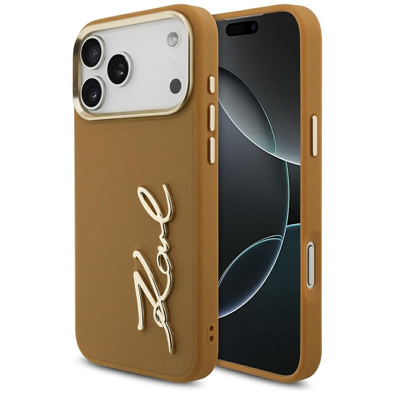 Karl Lagerfeld case PU leather case with Karl script logo and metal camera buttons for iPhone 17 Pro Max brown